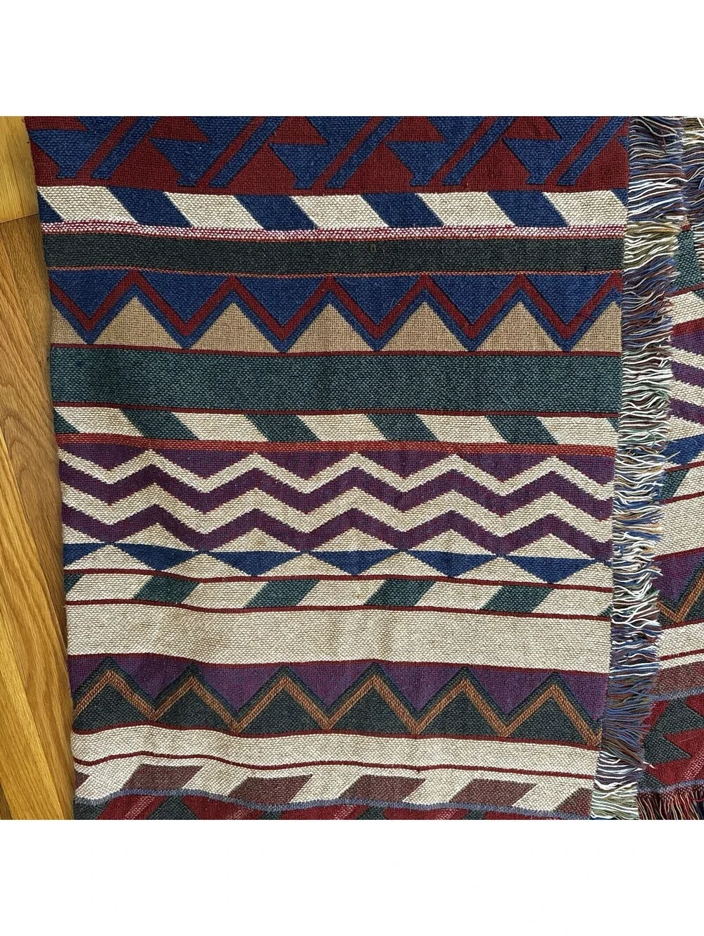 Vintage Tapestry Throw Blanket 1990s Southwestern Fringe Woven Western Red Aztec